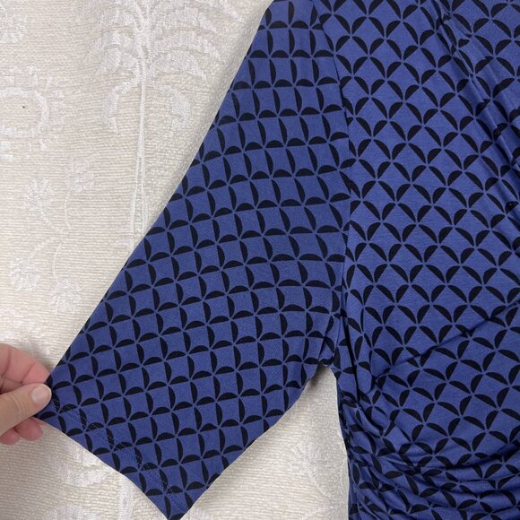 Boden Rita dress blue geometric print ruched midi stretch jersey short sleeve 10 - Picture 4 of 8